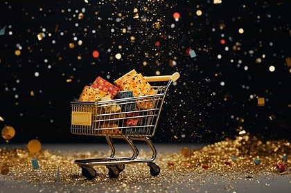 Shopping cart with gifts amidst a sparkling gold confetti background.