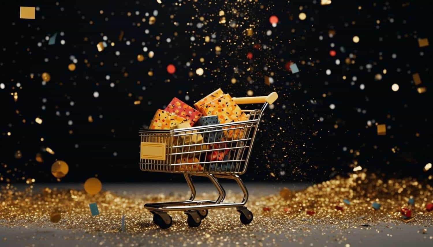 Shopping cart with gifts amidst a sparkling gold confetti background.