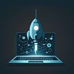 Startup growth concept with rocket launching from laptop screen.