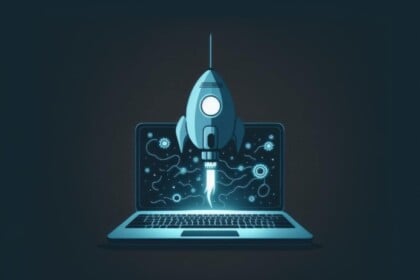 Startup growth concept with rocket launching from laptop screen.