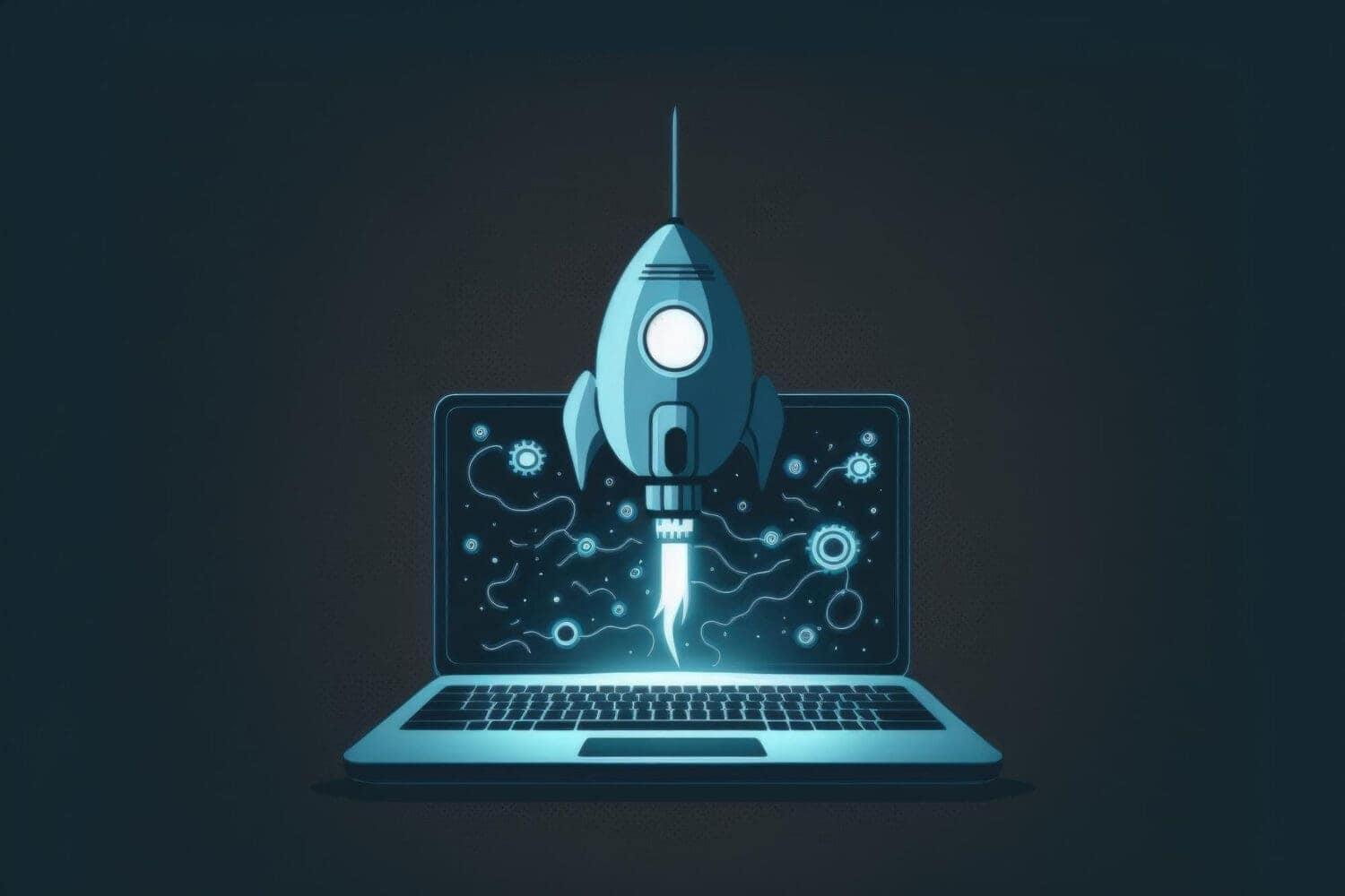Startup growth concept with rocket launching from laptop screen.