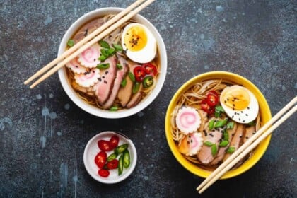 Authentic Japanese Ramen Bowls with Egg and Pork