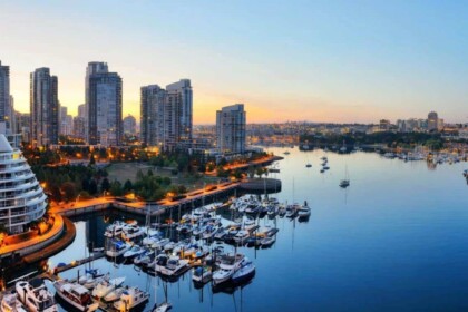 Sunset view of Vancouver skyline and marina, British Columbia.