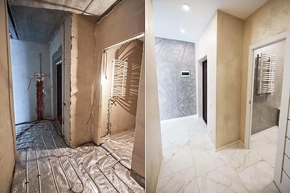 Bathroom transformation before and after renovation.