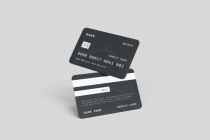 Black credit card design template on gray background.