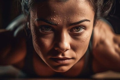 Focused woman during intense workout session.