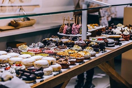 Variety of pastries on display at a Montreal bakery.
