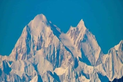 Majestic mountain peaks behind a dense evergreen forest.