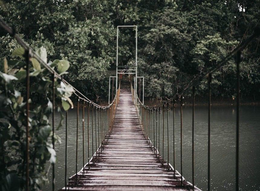 Suspension bridge over tranquil river surrounded by greenery.
