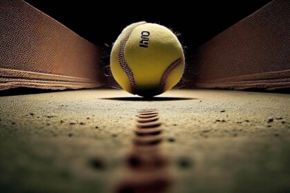 Close-up of tennis ball on clay court.