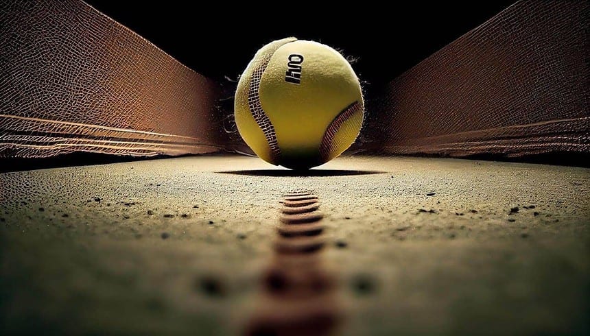 Close-up of tennis ball on clay court.