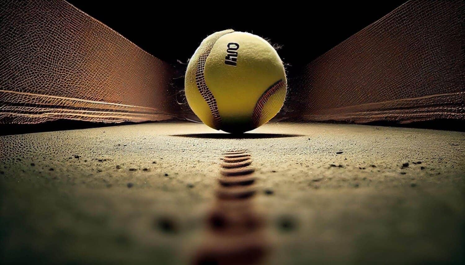 Close-up of tennis ball on clay court.