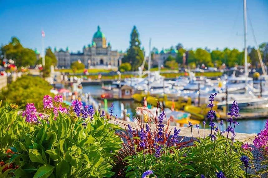 Sunny Victoria Harbour with Parliament Buildings, British Columbia.