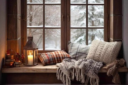 Cozy window seat with snowy winter view and warm lantern