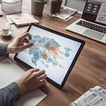 Person analyzing digital marketing data on tablet at desk.