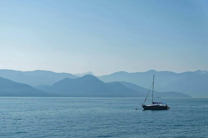 Sailboat cruising in Howe Sound, Vancouver.