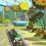 Lush greenhouse interior with exotic plants and flowers.