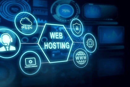 Digital web hosting services concept with futuristic interface.