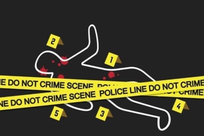 Crime scene illustration with yellow police tape and numbered evidence markers.