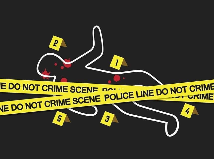 Crime scene illustration with yellow police tape and numbered evidence markers.