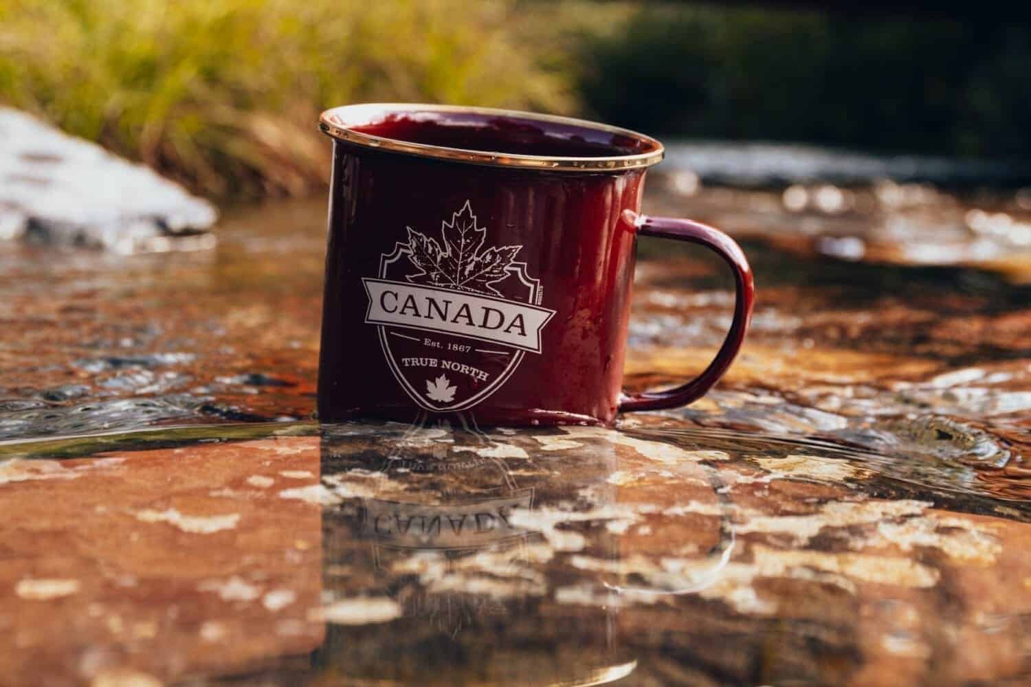 Canada souvenir mug on rocky surface.