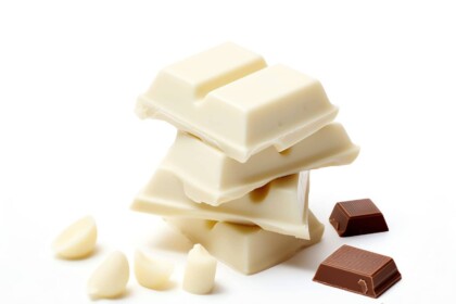Variety of white and milk chocolate pieces on white.