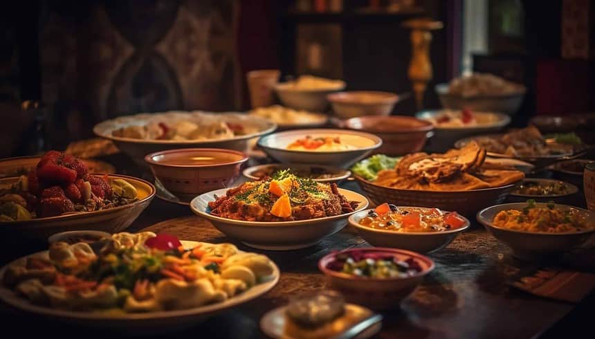 Variety of Indian dishes on a festive table setting.