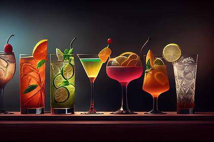 Assorted citrus summer cocktails on a bar counter.