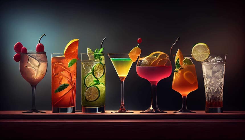 Assorted citrus summer cocktails on a bar counter.