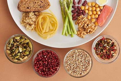 Variety of healthy foods on a plate for balanced nutrition.