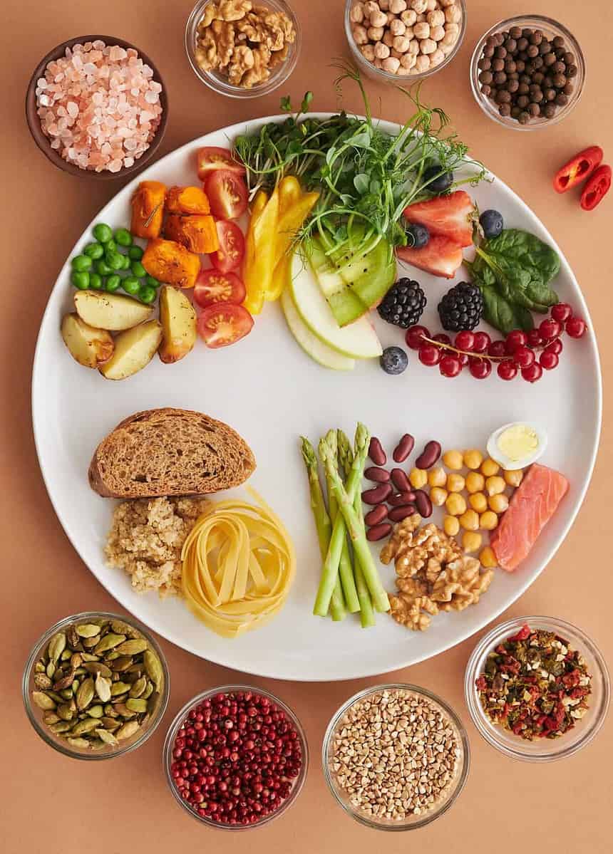Variety of healthy foods on a plate for balanced nutrition.