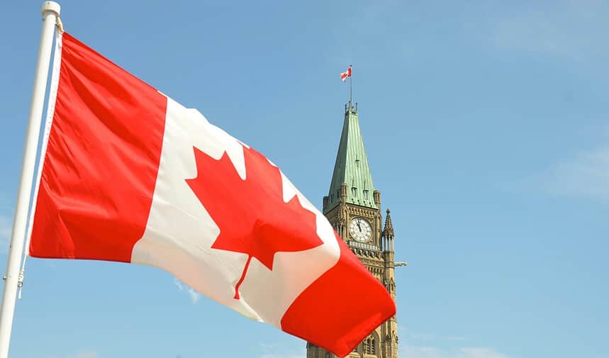 Canadian Flag Waving in sky