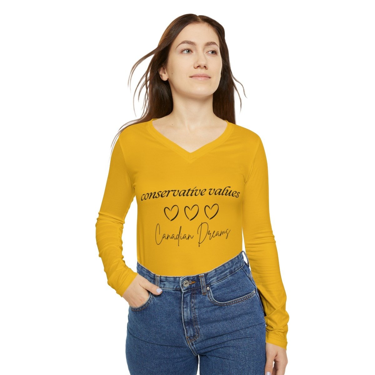Conservative Values, Canadian Dreams - Women's Long Sleeve V-neck Shirt (AOP) 1 Conservative Values, Canadian Dreams - Women's Long Sleeve V-neck Shirt (AOP)