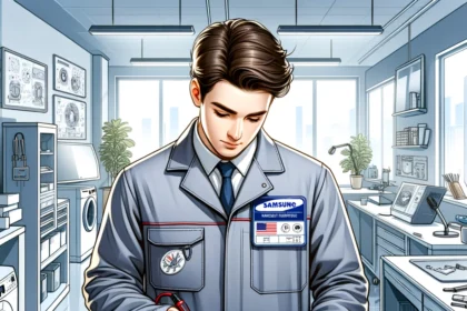 An illustration of an expert technician in a clean modern workshop wearing a professional uniform with a badge labeled Samsung Dryer Repair Special